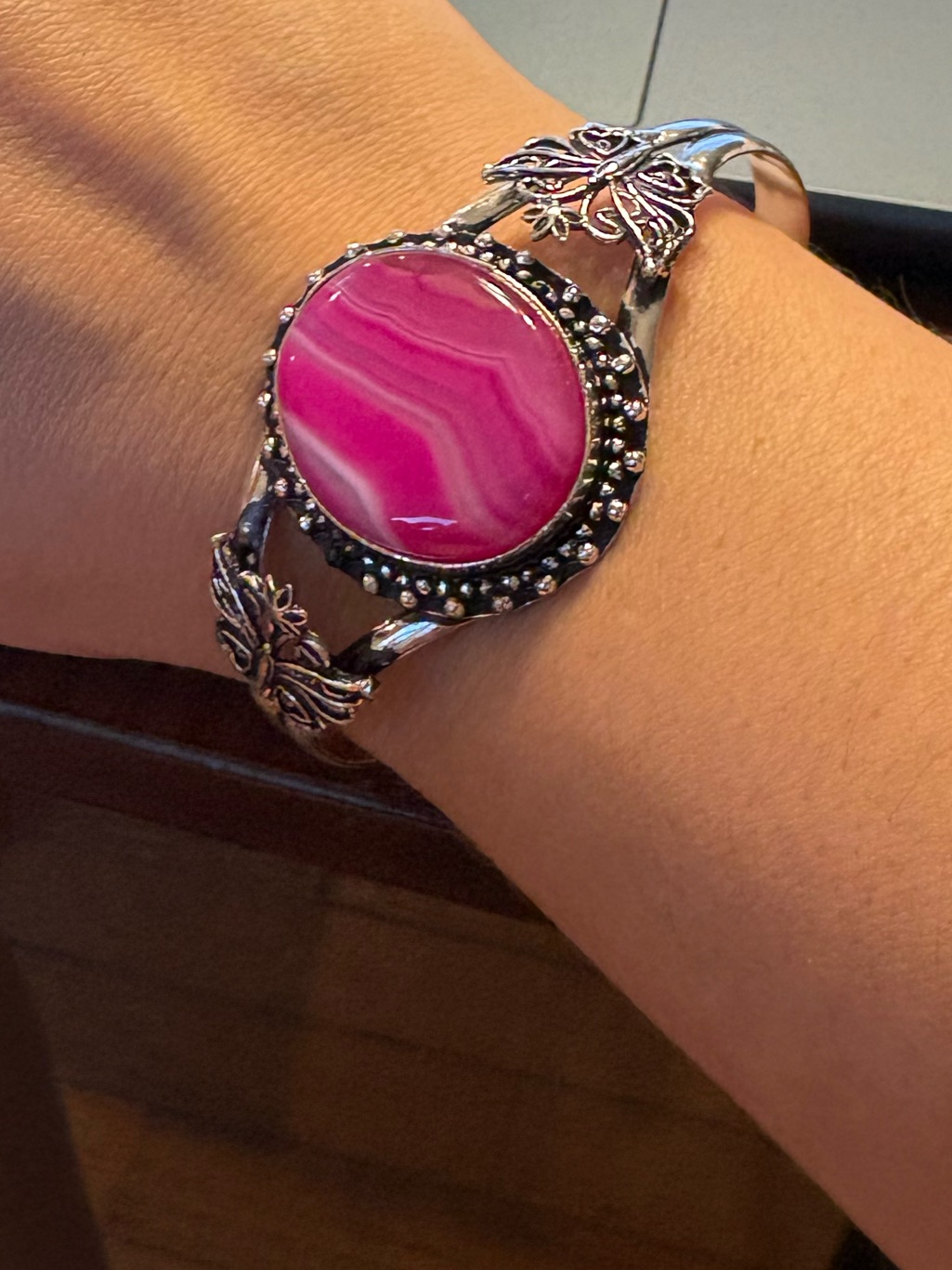 Pink Agate Silver Plated Cuff With Butterfly And Beading Details - Adjustable
